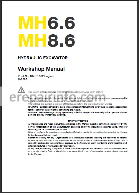 Photo 1 - New Holland MH6.6 MH8.6 Workshop Manual Hydraulic Excavator
