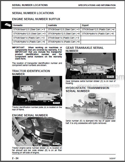 Photo 1 - John Deere STX30 STX38 STX46 Technical Manual Lawn Tractors TM1561