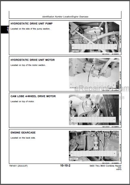 Photo 1 - John Deere 9400 9500 9600 Repair Manual Combines TM1401
