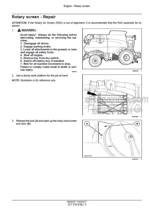 Photo 1 - Case 7230 8230 9230 Axial Flow Service Manual Rotary Combine 48040837