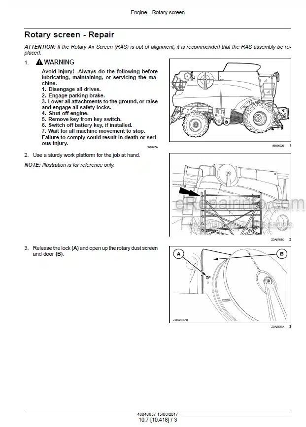 Photo 1 - Case 7230 8230 9230 Axial Flow Service Manual Rotary Combine 48040837
