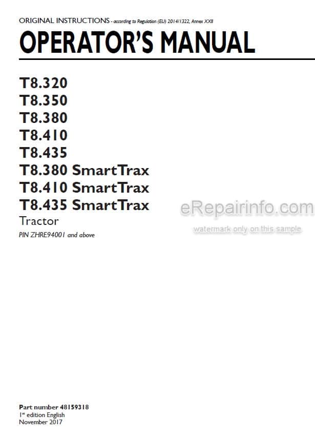 Photo 4 - New Holland T8.320 T8.350 T8.380 T8.410 T8.435 T8.380 SmartTrax T8.410 SmartTrax T8.435 SmartTrax Operators Manual Tractor 48159318