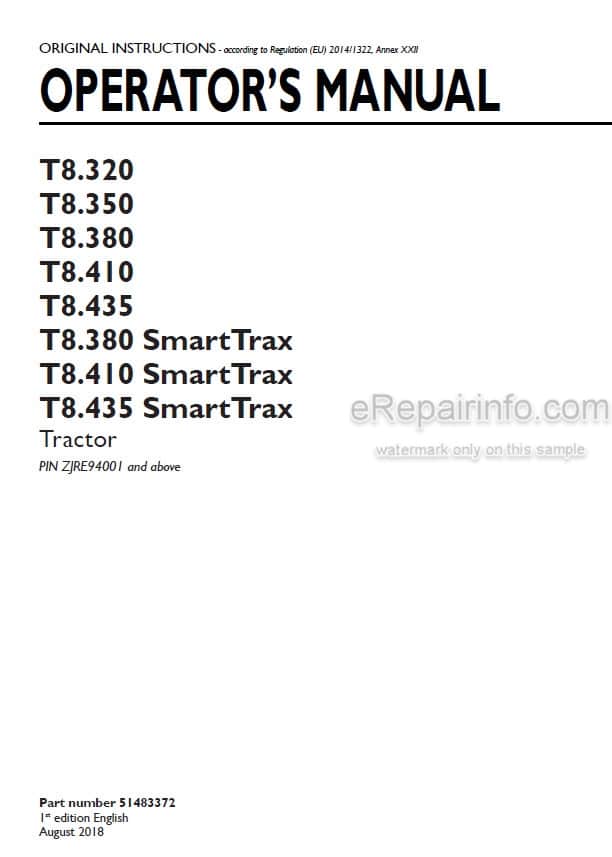 Photo 5 - New Holland T8.320 T8.350 T8.380 T8.410 T8.435 T8.380 SmartTrax T8.410 SmartTrax T8.435 SmartTrax Operators Manual Tractor 51483372