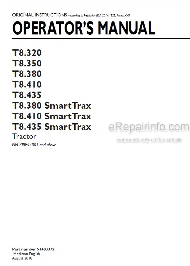 Photo 5 - New Holland T8.320 T8.350 T8.380 T8.410 T8.435 T8.380 SmartTrax T8.410 SmartTrax T8.435 SmartTrax Operators Manual Tractor 51483372