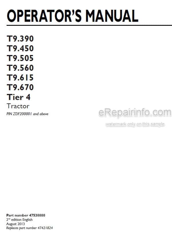 Photo 4 - New Holland T9.390 T9.450 T9.505 T9.560 T9.615 T9.670 Tier 4 Operators Manual Tractor