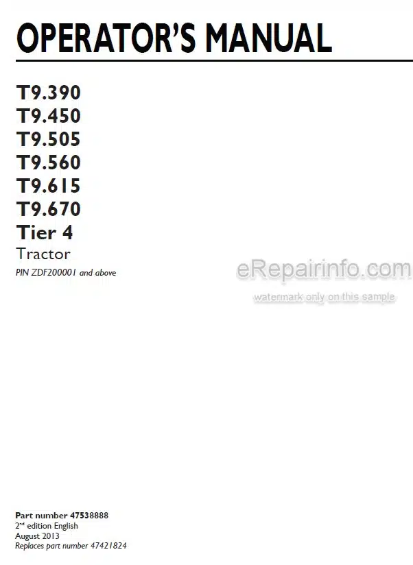 Photo 4 - New Holland T9.390 T9.450 T9.505 T9.560 T9.615 T9.670 Tier 4 Operators Manual Tractor