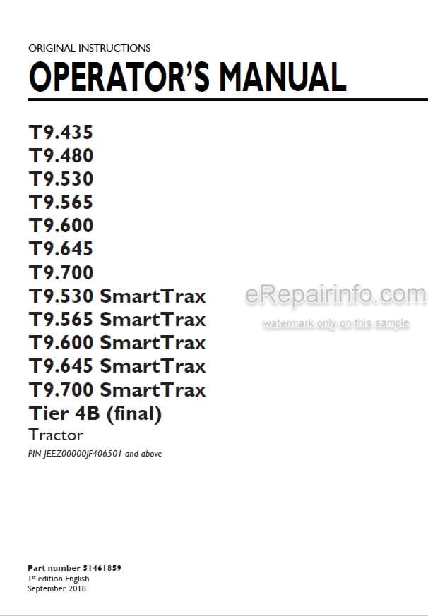 Photo 5 - New Holland T9.435 T9.480 T9.530 T9.565 T9.600 T9.645 T9.700 T9.530 SmartTrax T9.565 SmartTrax T9.600 SmartTrax T9.645 SmartTrax T9.700 SmartTrax Tier 4B Final Operators Manual Tractor 51461859