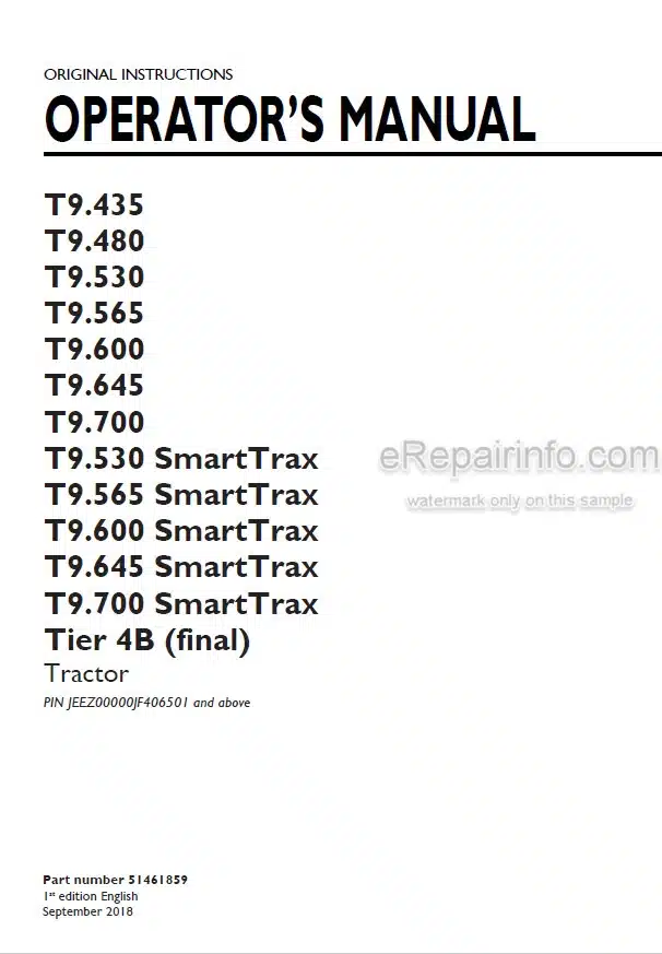 Photo 5 - New Holland T9.435 T9.480 T9.530 T9.565 T9.600 T9.645 T9.700 T9.530 SmartTrax T9.565 SmartTrax T9.600 SmartTrax T9.645 SmartTrax T9.700 SmartTrax Tier 4B Final Operators Manual Tractor 51461859