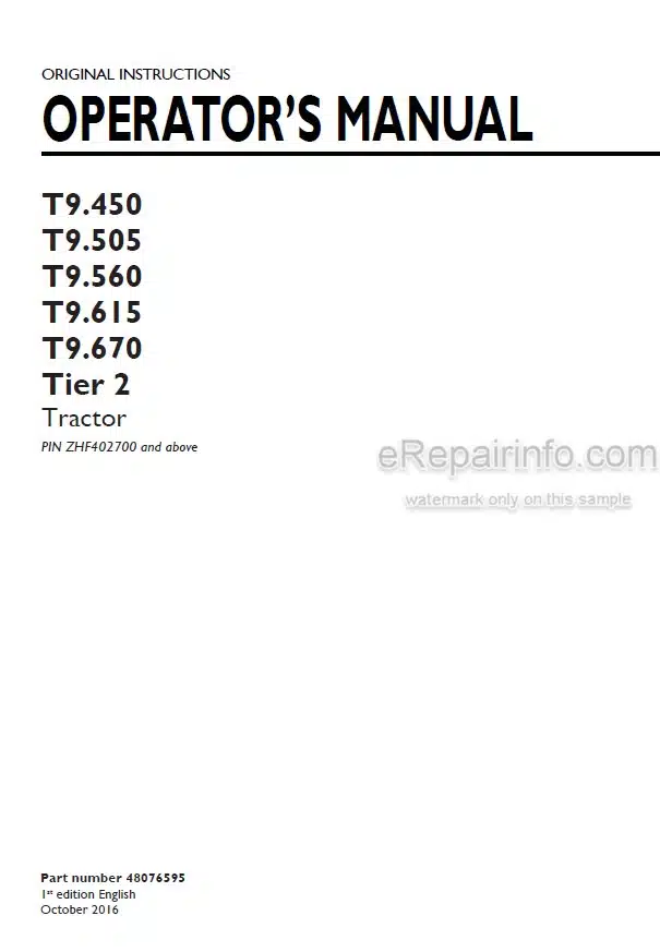 Photo 4 - New Holland T9.450 T9.505 T9.560 T9.615 T9.670 Tier 2 Operators Manual Tractor ZHF402700