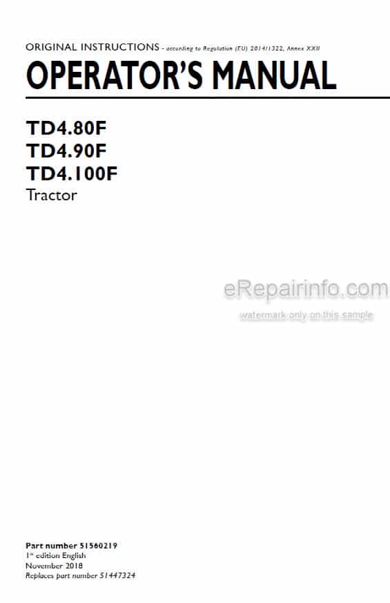 Photo 3 - New Holland TD4.80F TD4.90F TD4.100F Operators Manual Tractor 51560219