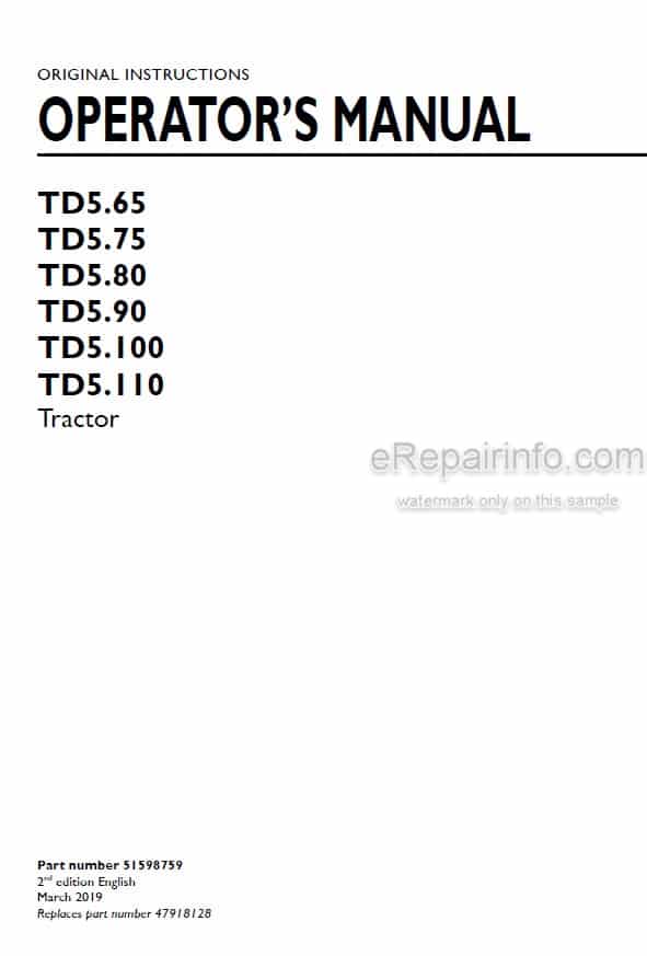 Photo 4 - New Holland TD5.65 TD5.75 TD5.80 TD5.90 TD5.100 TD5.110 Operators Manual Tractor