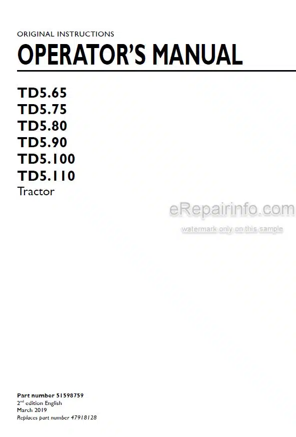 Photo 4 - New Holland TD5.65 TD5.75 TD5.80 TD5.90 TD5.100 TD5.110 Operators Manual Tractor