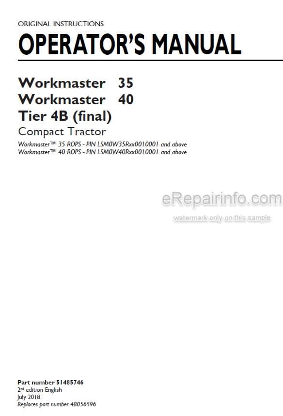 Photo 4 - New Holland Workmaster 35 40 Tier 4B Final Operators Manual Compact Tractor 51485746