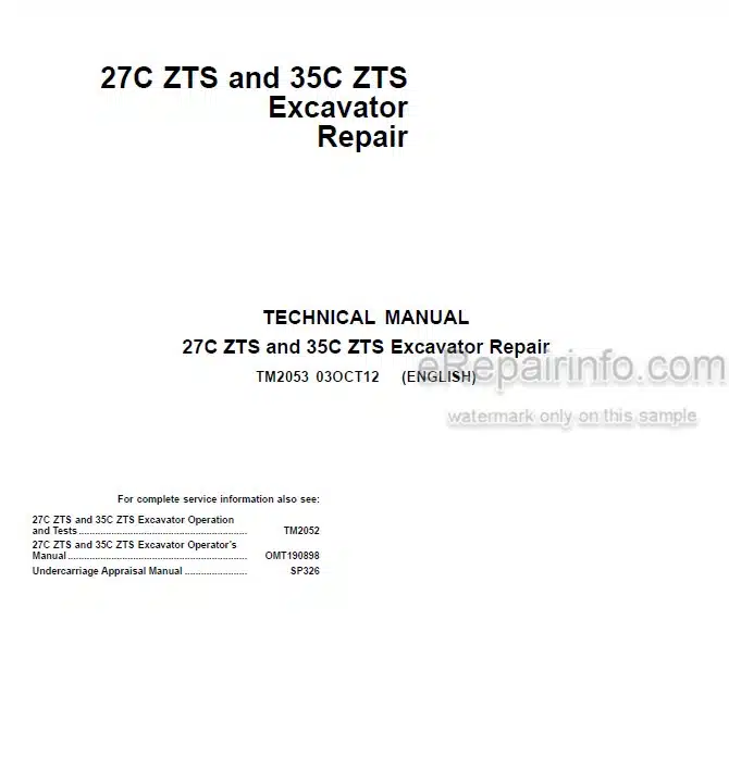 Photo 5 - John Deere 27C ZTS 35C ZTS Repair Technical Manual Excavator TM2053