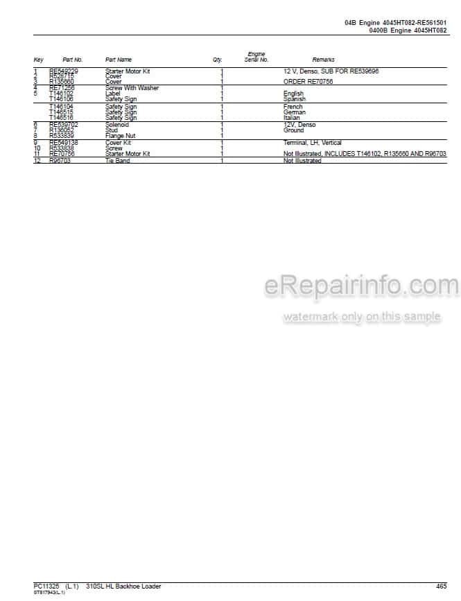 Photo 3 - John Deere 310SL HL Parts Catalog Backhoe Loader PC11325