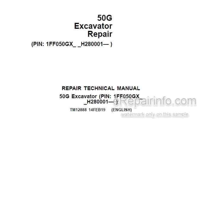 Photo 4 - John Deere 50G Repair Technical Manual Excavator TM12888