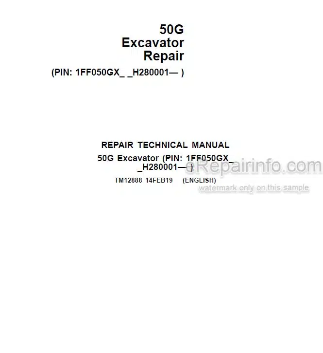 Photo 4 - John Deere 50G Repair Technical Manual Excavator TM12888