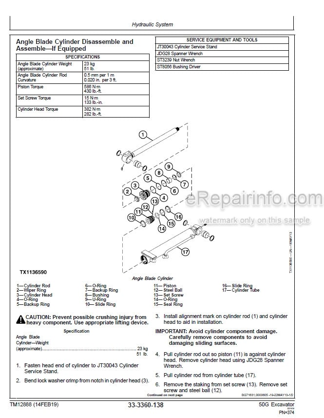 Photo 3 - John Deere 50G Repair Technical Manual Excavator TM12888