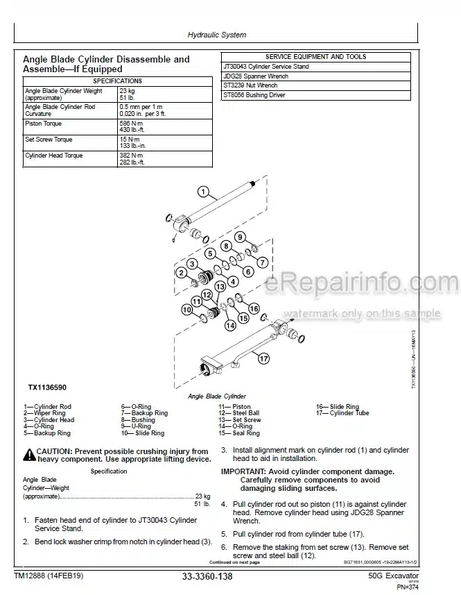 Photo 3 - John Deere 50G Repair Technical Manual Excavator TM12888