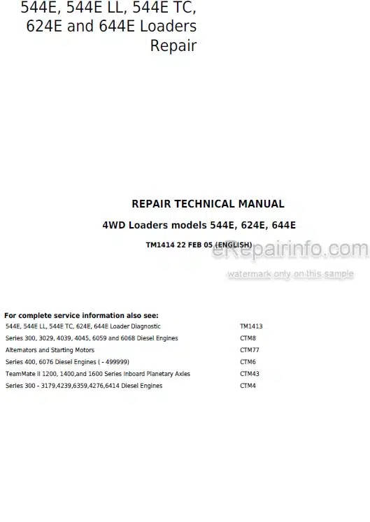 Photo 5 - John Deere 544E 544ELL 544ETC 624E 644E Repair Technical Manual Loader TM1414