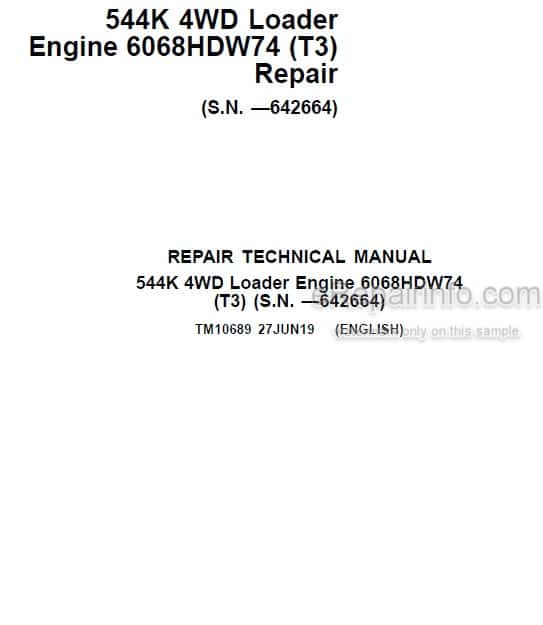 Photo 4 - John Deere 544K Repair Technical Manual 4WD Loader TM10689