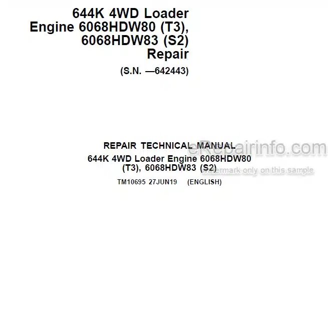 Photo 5 - John Deere 644K Repair Technical Manual 4WD Loader TM10695