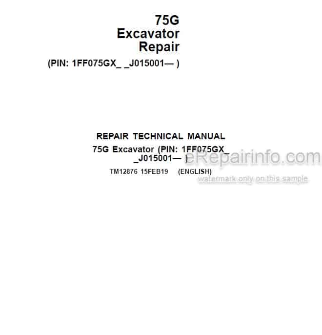 Photo 4 - John Deere 75G Repair Technical Manual Excavator TM12876