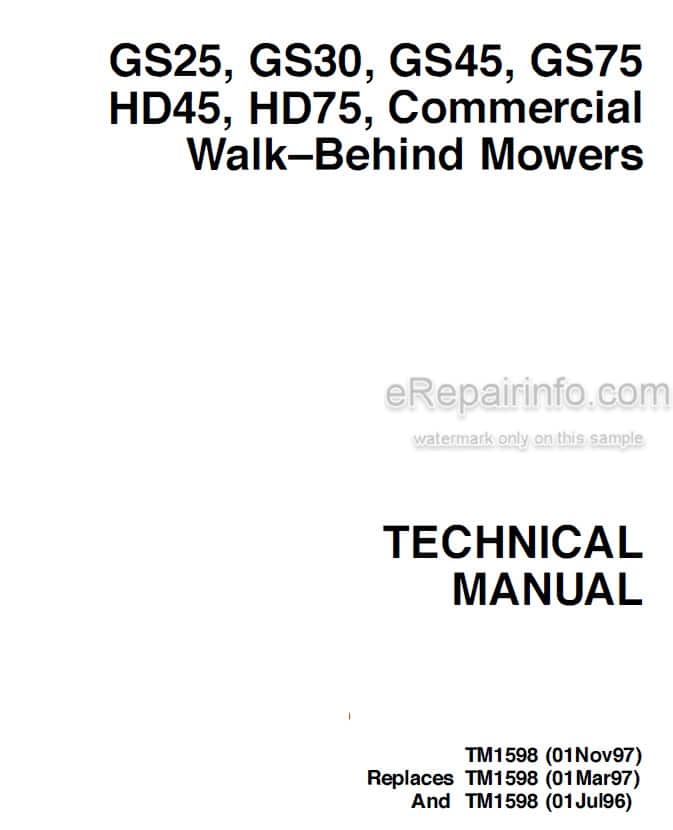 Photo 5 - John Deere GS25 GS30 GS45 GS75 HD45 HD75 Walk Behind Mowers Technical Manual TM1598