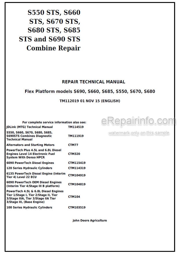 Photo 4 - John Deere S550 STS S660 STS S670 STS S680 STS S685 STS S690 STS Flex Platform Repair Technical Manual Combine TM112019