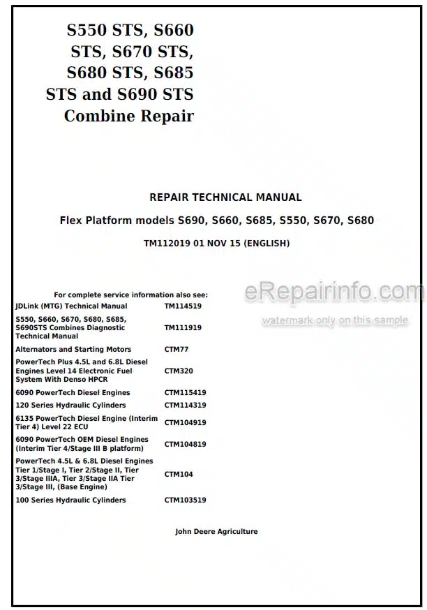 Photo 4 - John Deere S550 STS S660 STS S670 STS S680 STS S685 STS S690 STS Flex Platform Repair Technical Manual Combine TM112019