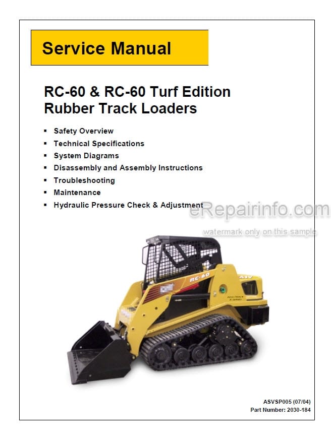 Photo 5 - ASV RC50 RC60 Posi Track Service Parts Operation Maintenance Manual Compact Track Loader 2030-184