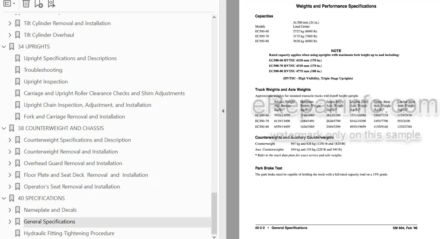 Photo 3 - Clark EC500 60B EC500 80B Service Manual Forklift SM604