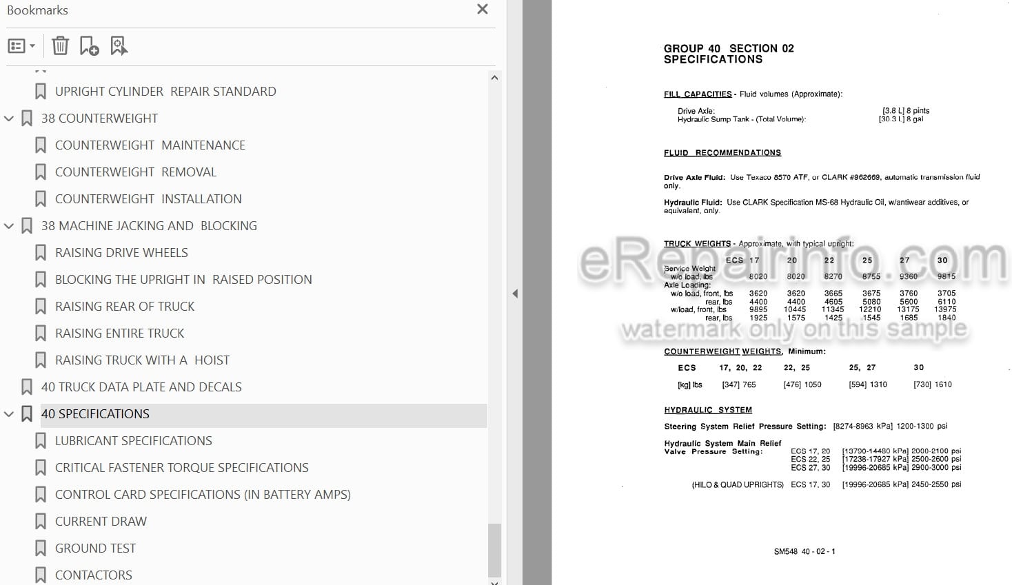 Photo 3 - Clark ECS17-30 Service And Adjustment And High Performance Supplement Manual Forklift SM548H