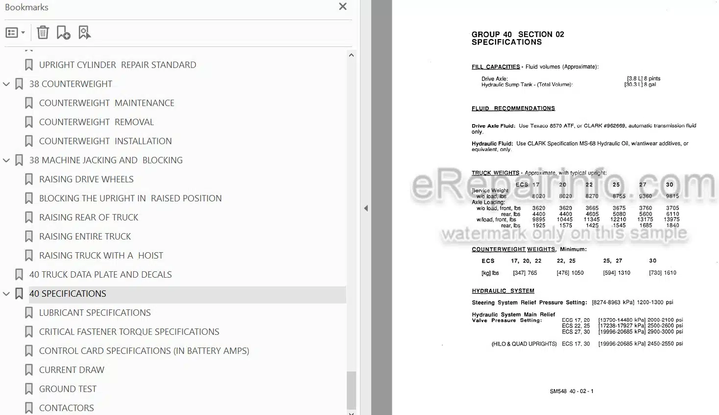 Photo 3 - Clark ECS17-30 Service And Adjustment And High Performance Supplement Manual Forklift SM548H