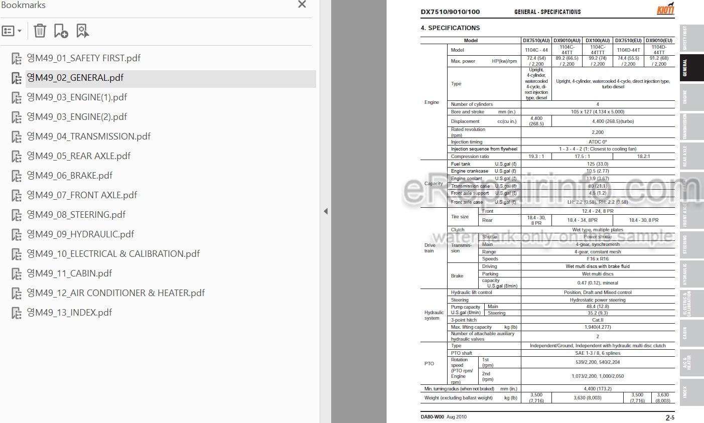 Photo 3 - Kioti Daedong DX7510 DX9010 DX100 Workshop Manual Tractor DA80-W00
