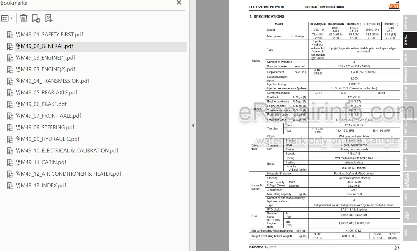 Photo 3 - Kioti Daedong DX7510 DX9010 DX100 Workshop Manual Tractor DA80-W00