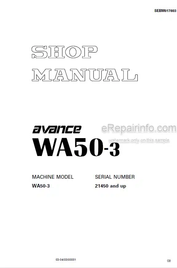 Photo 6 - Komatsu Avance WA50-3 Shop Manual Wheel Loader SEBM017803
