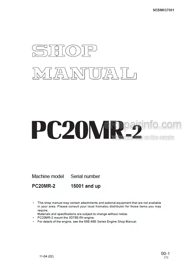 Photo 4 - Komatsu PC20MR-2 Shop Manual Excavator SEBM037001