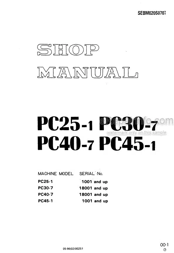 Photo 4 - Komatsu PC25-1 PC30-7 PC40-1 PC45-1 Shop Manual Excavator SEBM020S0707