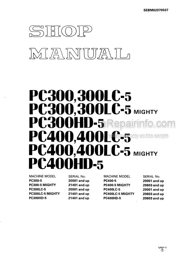 Photo 5 - Komatsu PC300 PC400 PC300-5 PC300-5 Mighty PC300LC-5 PC300LC-5 Mighty PC300HD-5 PC400-5 PC400-5 Mighty PC400LC-5 PC400LC-5 Mighty PC400HD-5 Shop Manual Excavator SEBM02070507