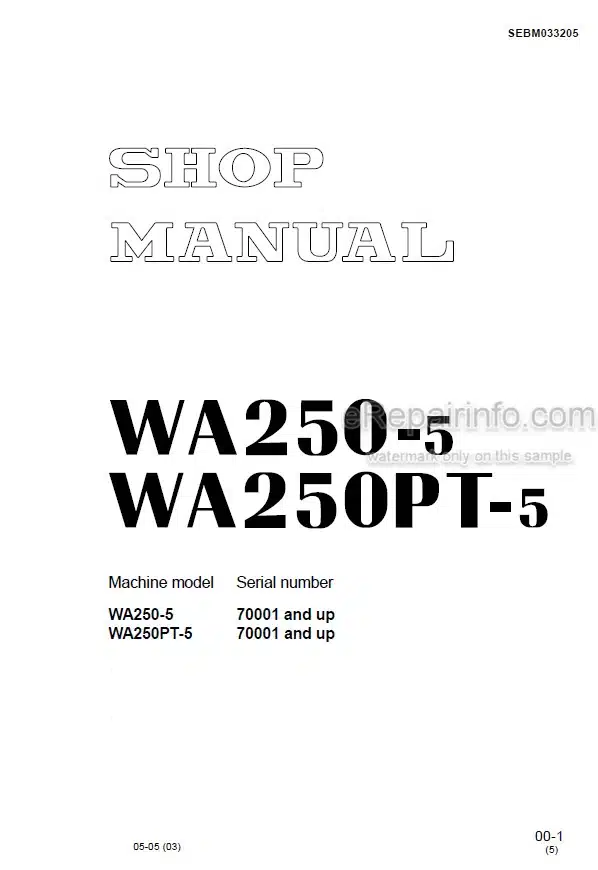 Photo 4 - Komatsu WA250-5 WA250PT-5 Shop Manual Wheel Loader SEBM033205