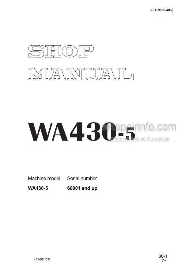 Photo 4 - Komatsu WA430-5 Shop Manual Wheel Loader SEBM025405