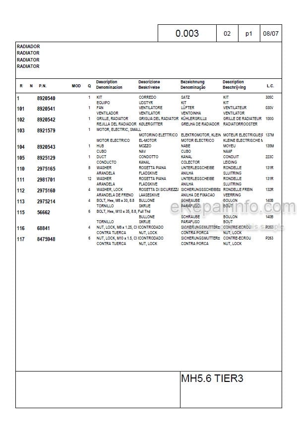 Photo 3 - New Holland MH5.6 Tier 3 Parts Catalog Wheel Excavator