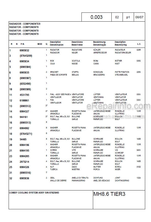 Photo 5 - New Holland MH8.6 Tier 3 Parts Catalog Wheel Excavator
