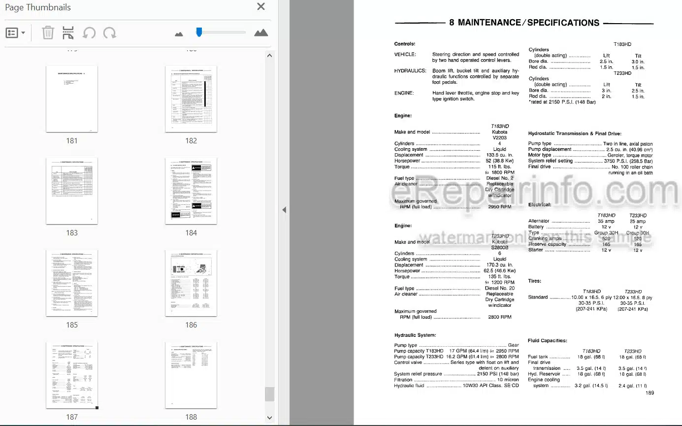 Photo 3 - Thomas 183HD 233HD Repair Manual Skid Steer Loader 033361