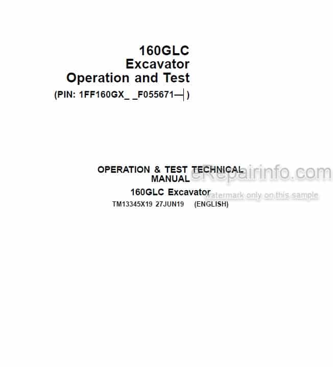 Photo 5 - John Deere 160GLC Operation And Test Manual Excavator TM13345X19