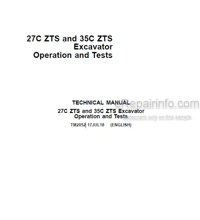 Photo 4 - John Deere 27C ZTS 35C ZTS Operation And Test Manual Excavator TM2052