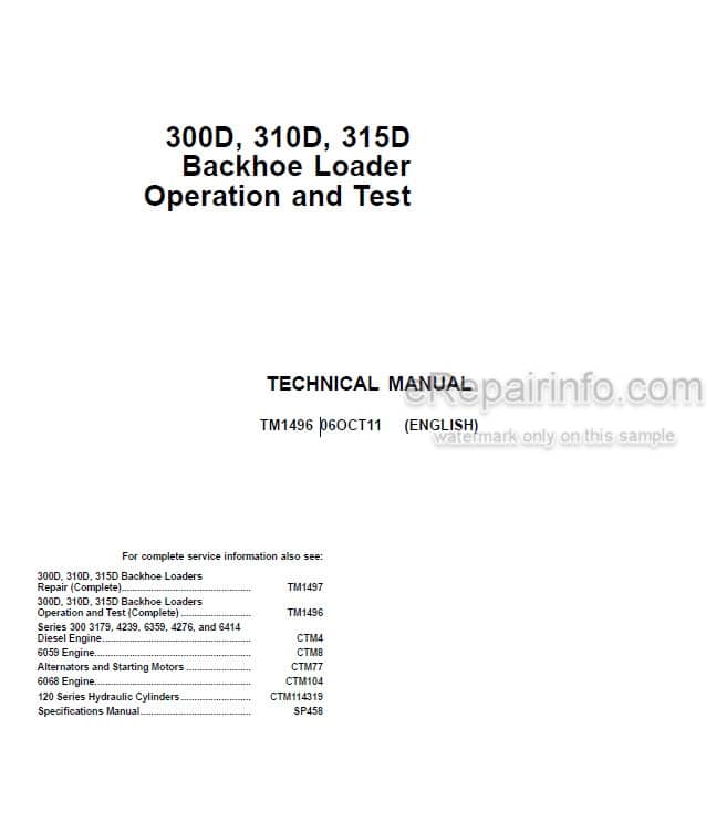 Photo 5 - John Deere 300D 310D 315D Operation And Test Manual Backhoe Loader TM1496