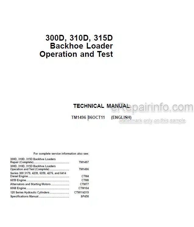Photo 5 - John Deere 300D 310D 315D Operation And Test Manual Backhoe Loader TM1496