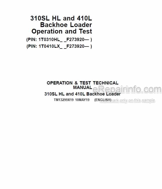 Photo 5 - John Deere 310SL 310HL 410L Operation And Test Manual Backhoe Loader TM13299X19